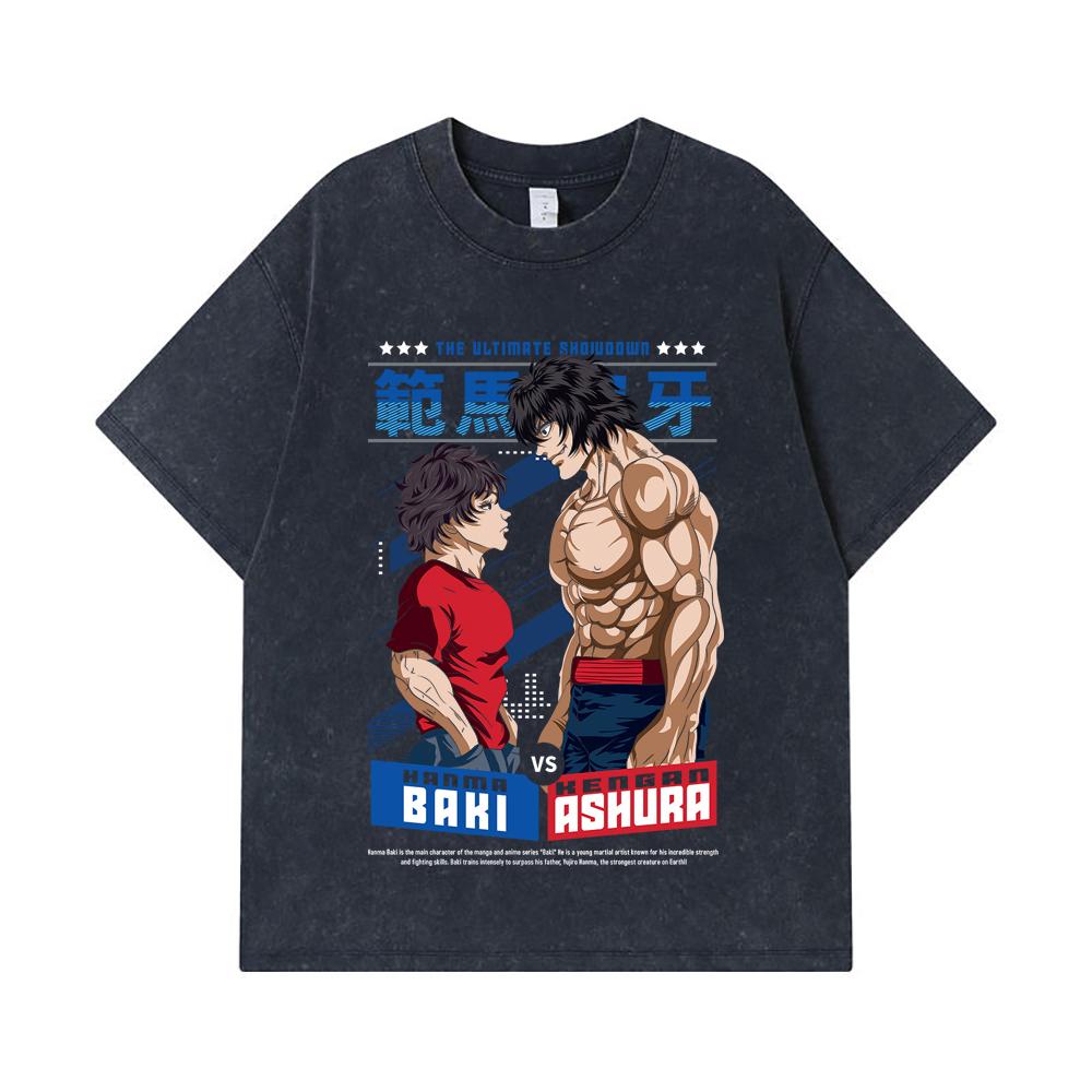 275 GSM Washed T-shirts 100% Cotton Baki V2 Baki Ashura Print Unisex Heavy Cotton T Shirt