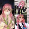 Synthetic Wig Kimetsu No Yaiba Kanroji Mitsuri Cosplay Wig Headgear Female Pink Green Gradient Bold Braided Hair Wig Headgear