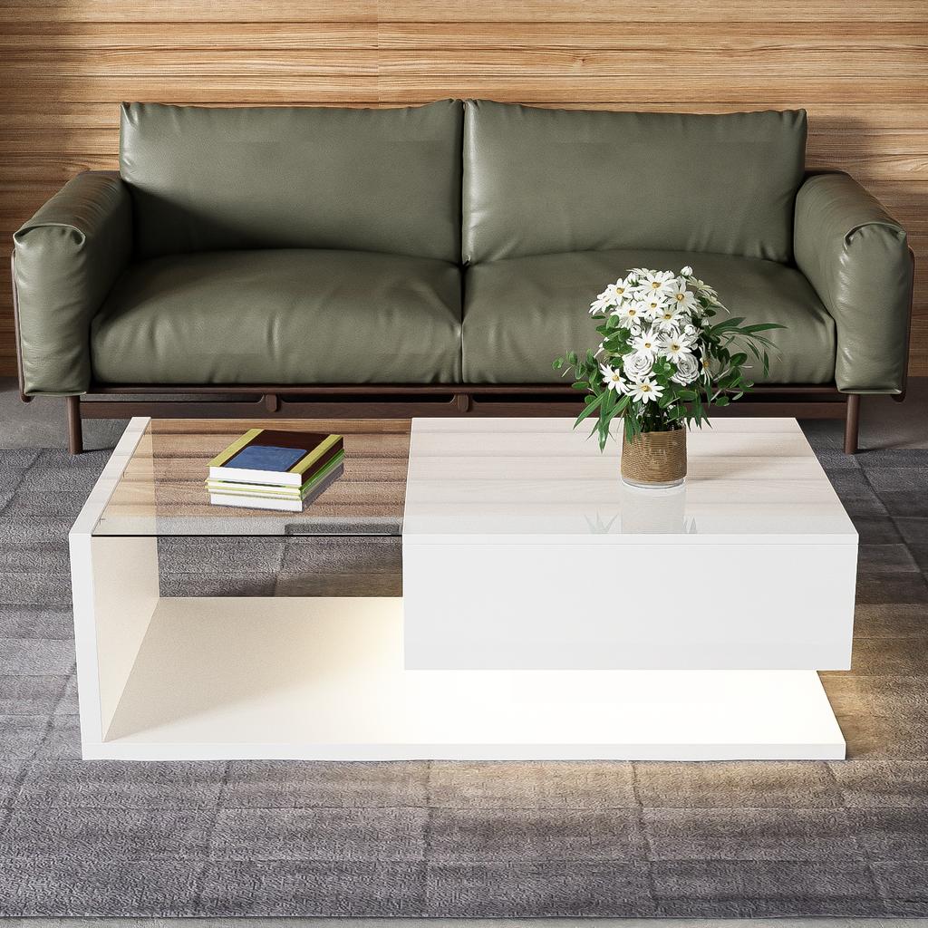Coffee Table, High Gloss White. Side Tables, Coffee Tables with Glass and LED Effect