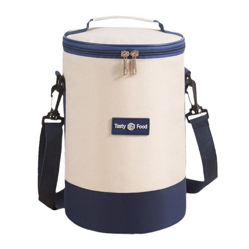 Large Capacity Portable Lunch Bag Insulated Cylindrical Thermal Cooler Tote with round Aluminum Foil Food Container FreshKeeping