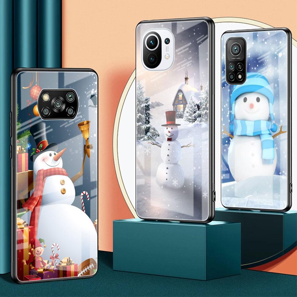 Рождественский стеклянный чехол с рисунком снеговика для Xiaomi Poco X3 NFC 11 Lite 11T F3 M3 Redmi Note 11 10 9 8 Pro 10S 9S 9A 9C, чехол для телефона