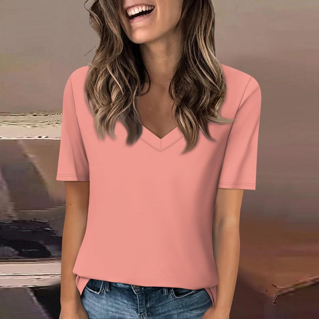 Женская футболка с v-образным вырезом, топ с короткими рукавами, повседневная однотонная футболка