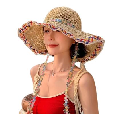 Модная широкополая соломенная шляпа с цветочной лентой и вырезами, шляпа-зонт, этнический стиль, пляжная шляпа для отпуска