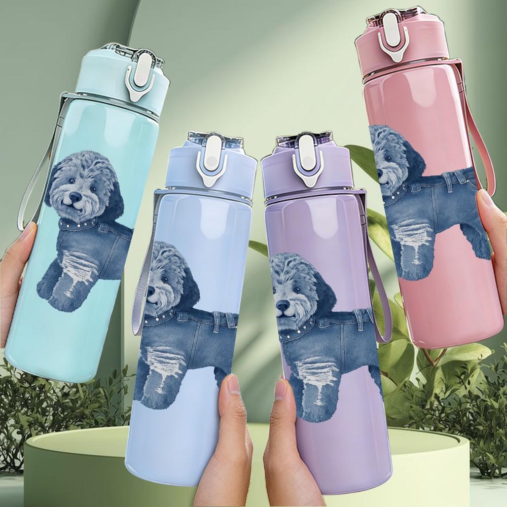 1PC Blue Poodle Dog Cartoon 750ml Color Plastic Sports Water Bottle Leakproof Flip Straw Lid Suitable for Sports Office Home Use