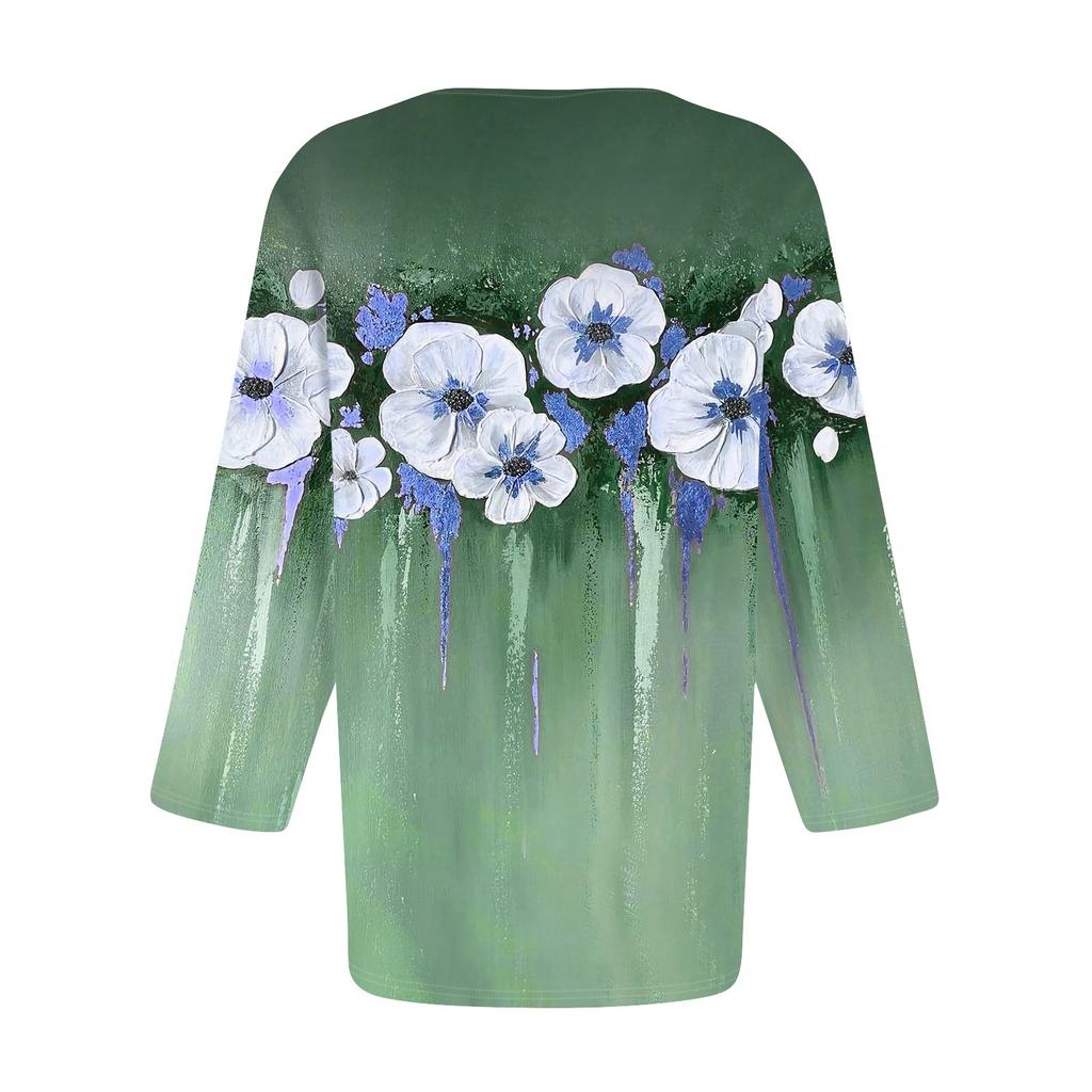 Рубашки для женщин, модные футболки на пуговицах с v-образным вырезом, повседневные летние футболки с принтом, футболка, блузка, топы с рукавами три четверти для женщин