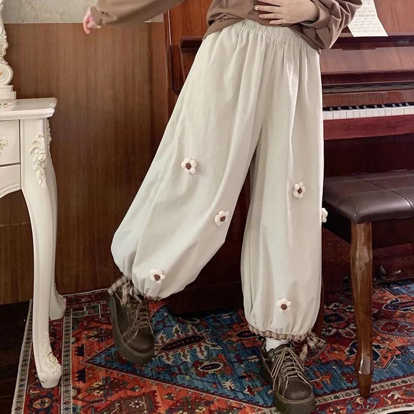 Японские милые цветочные вельветовые широкие повседневные брюки женские винтажные милые свободные брюки для девочек спортивные штаны Harajuku