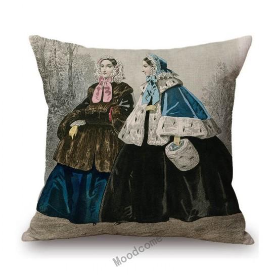 Antique Fashion Book Ettiquette Lady Dress European Costume Elegant Wear Cotton Linen Sofa Throw Pillow Case Chair Cushion Cover
