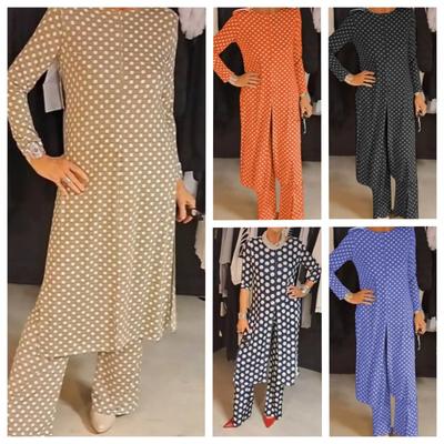 Весна Осень Модный Круглый вырез Длинный рукав Разделение Волна Точечные брюки Повседневный комплект для женщин Костюмы и комплекты (Женский)