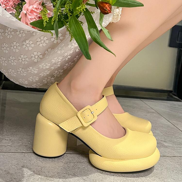 Женские туфли-лодочки из искусственной кожи на массивном каблуке с круглым носком Мэри Джейн с пряжкой, милая вечерняя весенне-осенняя обувь, черный, белый, желтый, зеленый