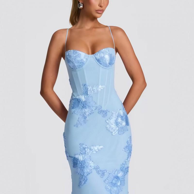 3D Embroidered Backless Cross Tie Maxi Dress Elegant Floral Evening Gown