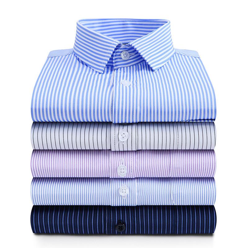 Men's Striped Long Sleeve Shirt, Cotton Blend Square Collar Business Shirt, Lightweight Pocket Top