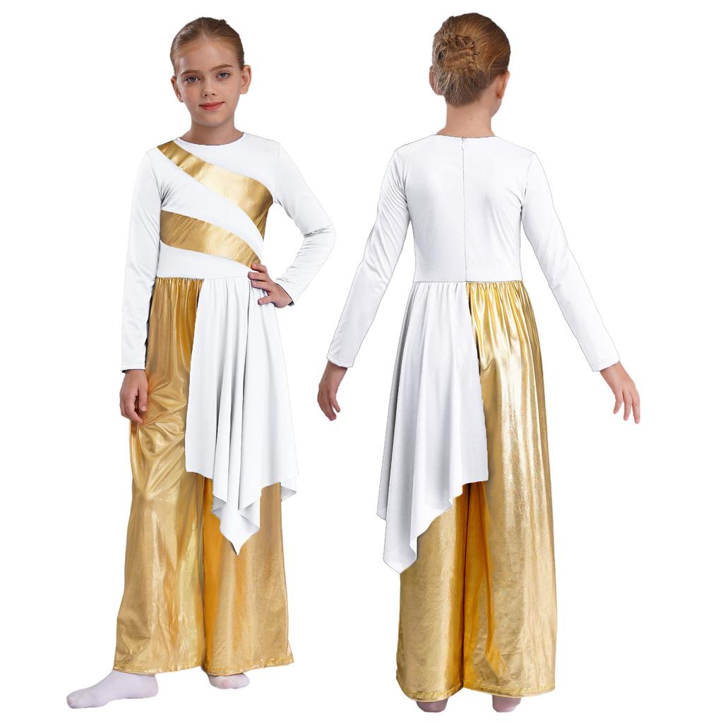 Боди для литургического танца для девочек, костюм для хвалы и поклонения, металлический колорблок, комбинезон с широкими штанинами