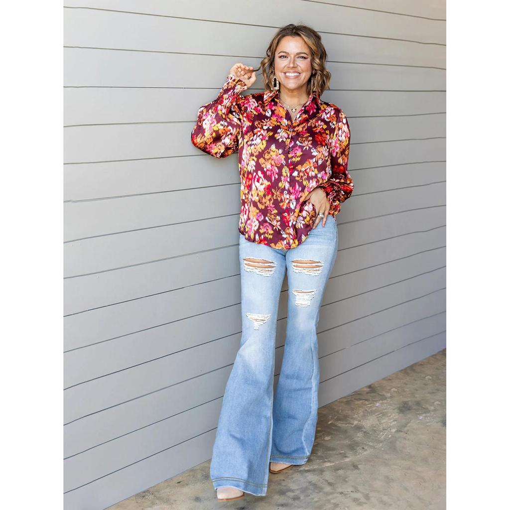 New Arrival Four Season High Stretchy Women Ripped Flared Pants Denim Jean High Waist Elegant Botton Lady Long Denim Pant