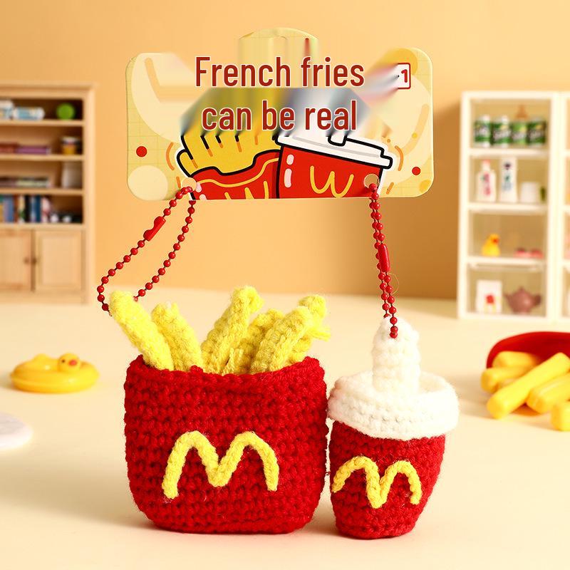 Шерстяной вязаный вручную плюшевый брелок-подвеска для сумки в виде бургера и картофеля фри