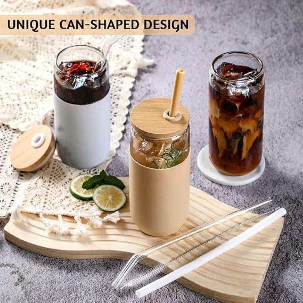 Silicone Glass Cup With Lid and Straw withProtective Sleeve Iced Coffee Glasses  Smoothie