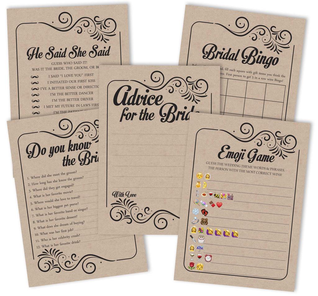 Inkdotpot Fill In Style Kraft Theme Bachelorette Party Games Set of 5 (Activities for 50 Guests) Fun Bridal Shower Games Set Bundle