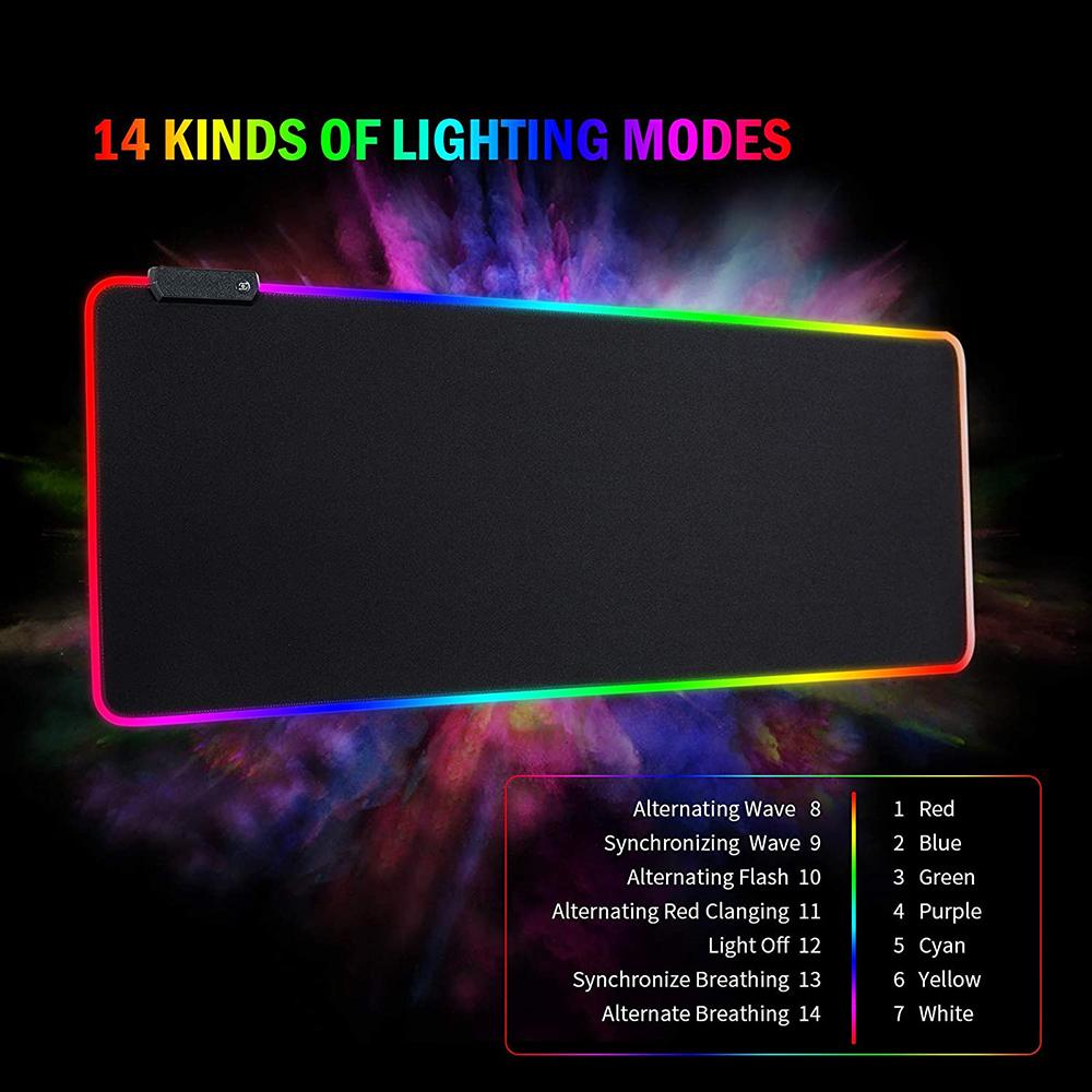 Игровой коврик для мыши с RGB-подсветкой — большой, с 14 режимами подсветки, противоскользящая резиновая основа.