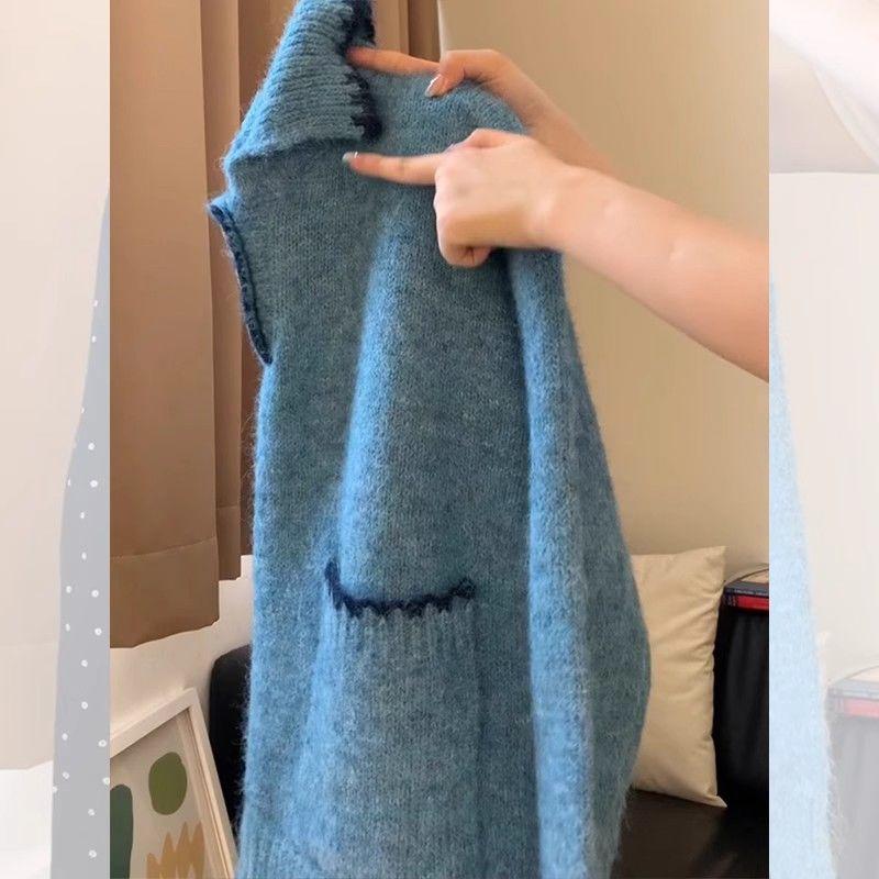 Ретро свитер с минималистичным сладким колор-блоком, кружевным воротником поло, ленивый, стройнящий, повседневный, универсальный трикотаж