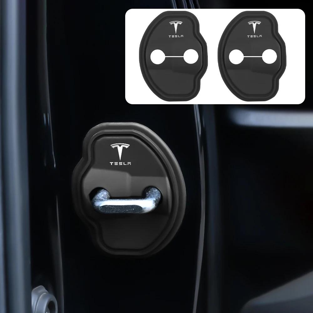 DHKOR1 4PCS Silicone Logo Car Door Lock Cover Protection Stickers For Tesla Model Y 3 2017-2023 MODEL 3 Highland 2024 Model S