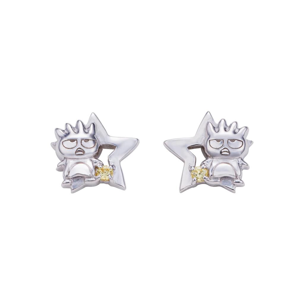 White Clover Badtz-Maru Sanrio Characters Earrings, 925 Sterling Silver with Cubic Zirconia and Rhodium Plating, SABB30-P001RD
