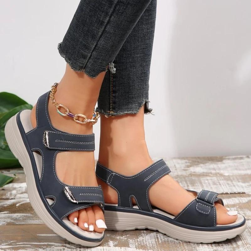 Брендовые сандалии на липучках женские летние кожаные легкие туфли на танкетке для отдыха на платформе синие для девочек, противоскользящие, абрикосовые, 43