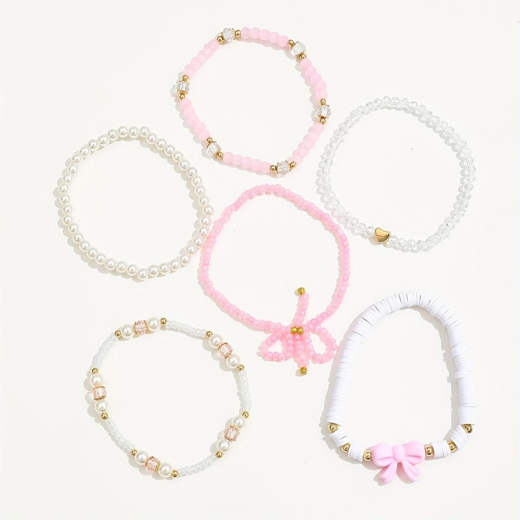 [Милый браслет из бусин] 6 шт. Милый Сексуальный Стеклянная бусина Имитация жемчуга Мягкая глина Ручная работа Позиционирующий Набор браслетов для нанизывания | Розовая серия