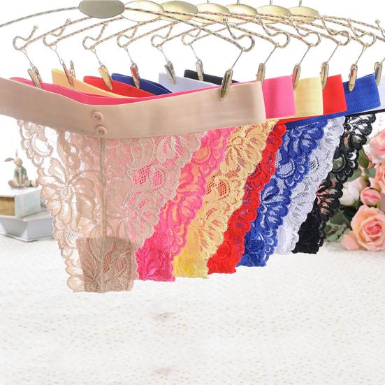 Sexy Women Underwear Buttons Embroidery Lace See-Through G-String Thong Panties