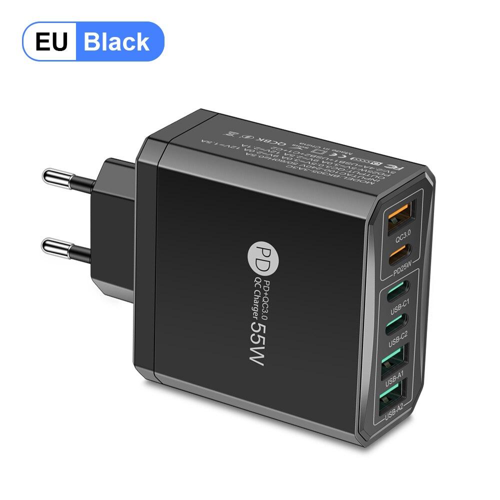 55 Вт PD USB Зарядное устройство Быстрая зарядка 6 портов Quick Charge 3.0 Дорожное зарядное устройство для iPhone Samsung Xiaomi Зарядное устройство для мобильного телефона