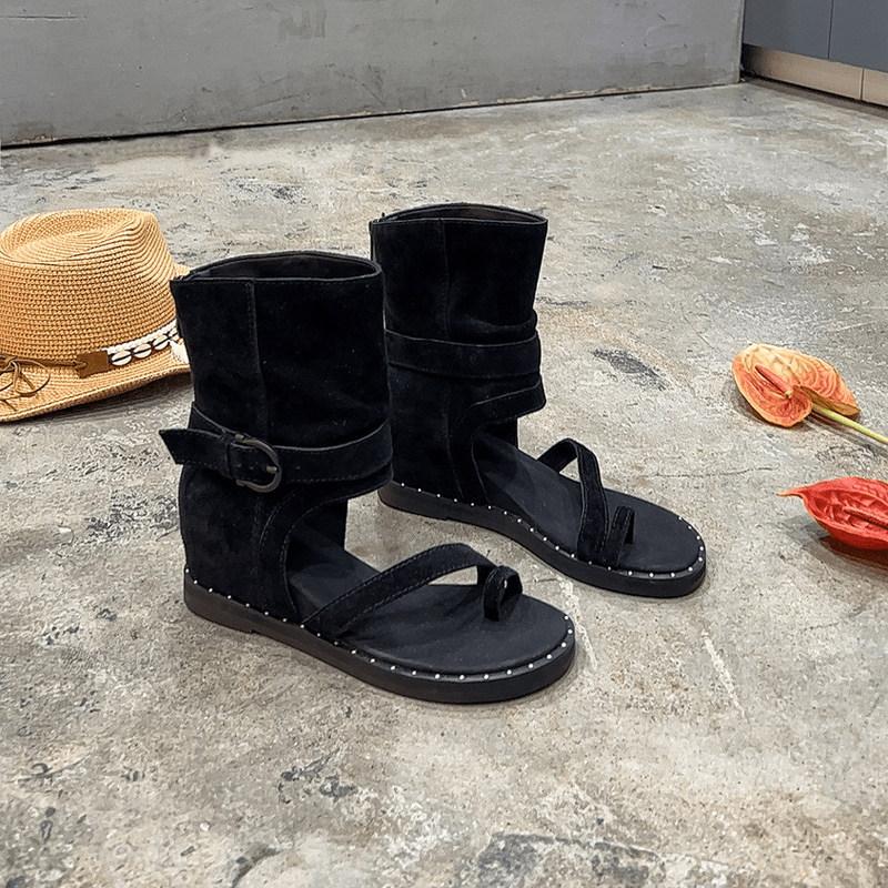 Bohemian new summer toe leather high-top Roman sandals women's inner toe heightening short cool boots