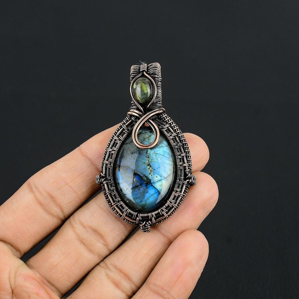 Labradorite Pendant, Handmade Gemstone 999 Copper Wire Wrapped Pendant Antique Jewelry, For Gift Silver Jewelry
