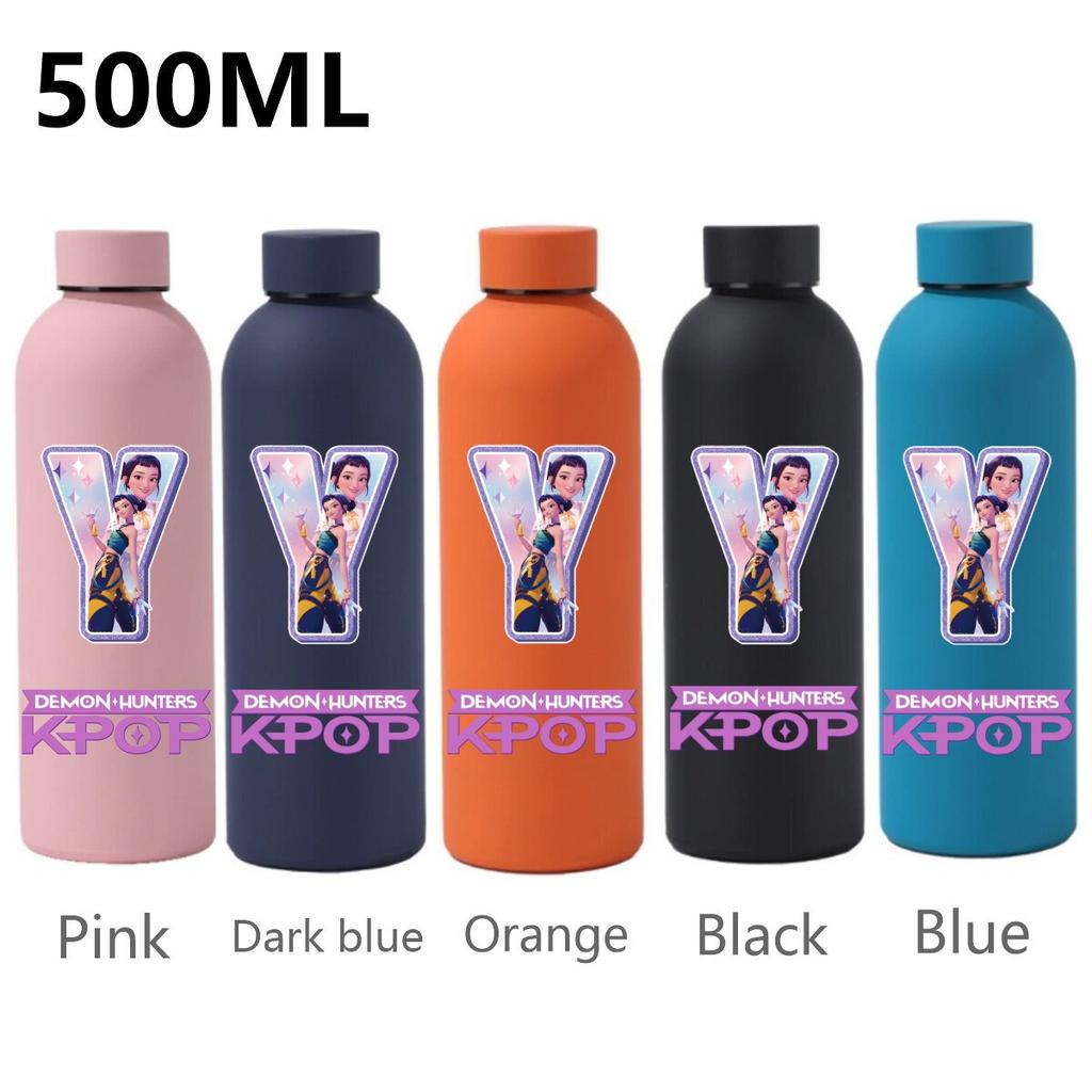 500ML KPop Demon Hunters Sport Leak Proof Stainless Steel Insulated Mug Water Cup Letter Number Cartoon Print Birthday Gifts