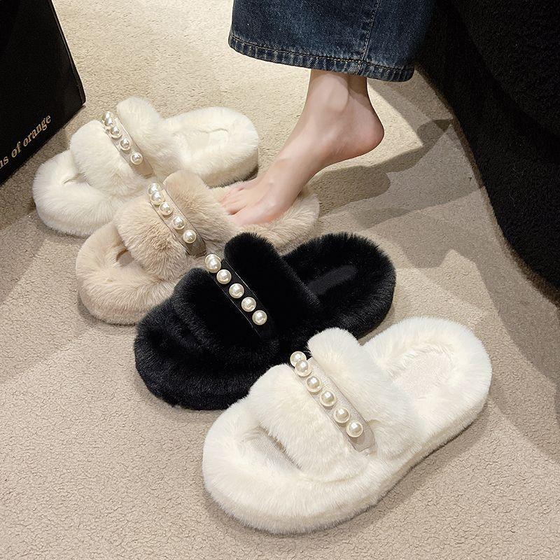 Mao Mao Slippers Women's Outer Wear 2025 New Korean Version Ins Trendy Shoes Autumn and Winter Pearl Thick-soled Cotton Slippers Cotton Slippers