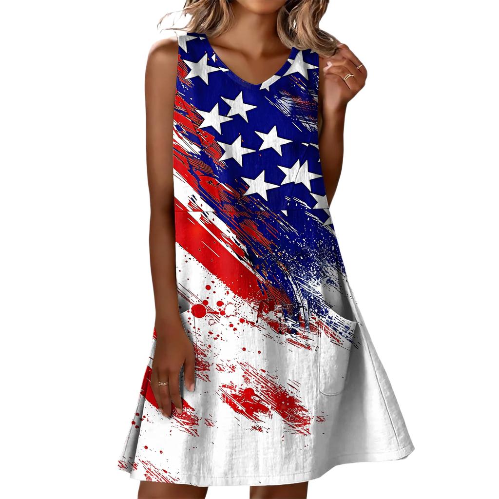 Flag Dress Sleeveless Summer Casual Loose Fit Patriotic Dress for Women Comfortable 4Th Of July Dresses for Women with Print