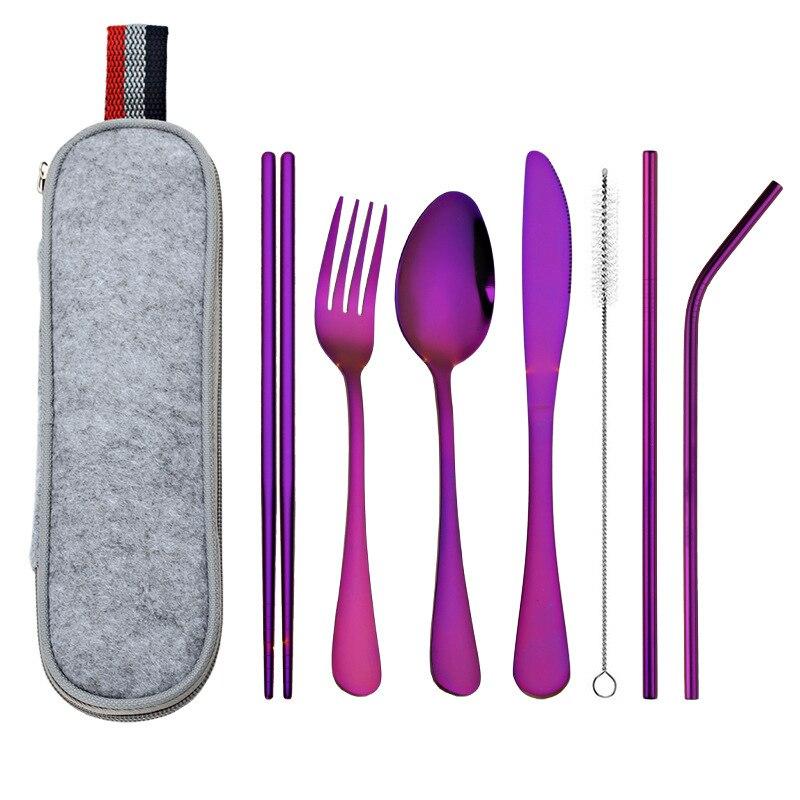 Travel Dinnerware Set Portable Cutlery Camping Dinner Sets Stainless Steel Tableware Rainbow With Straw Kit Brush Chopstick Bag