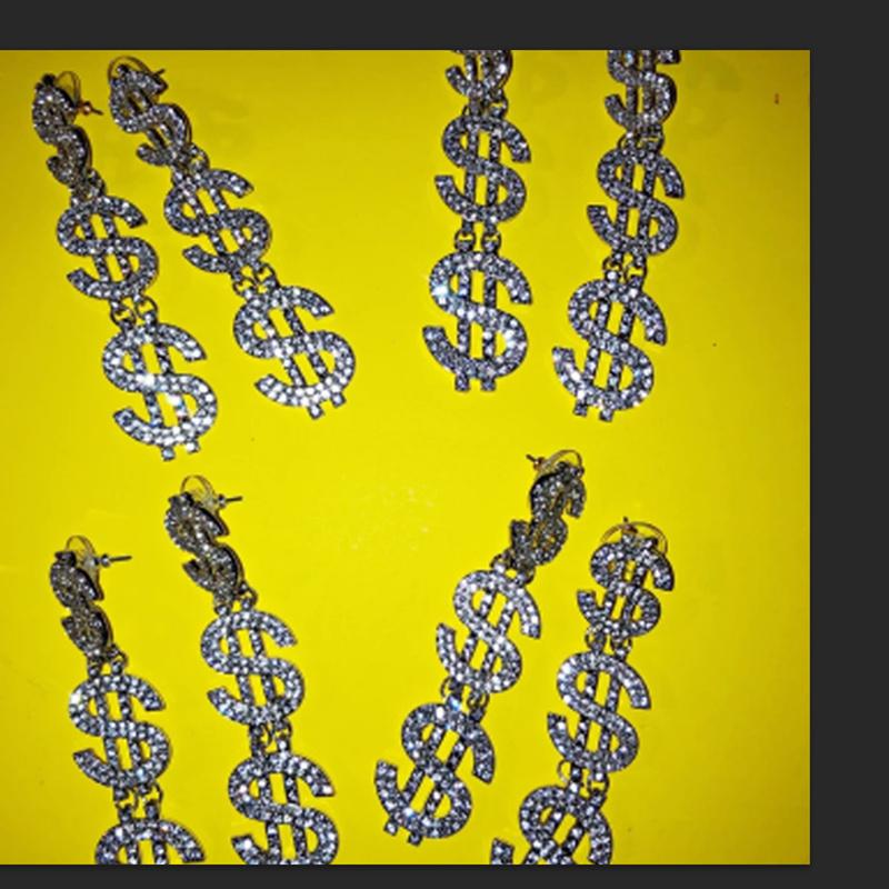 Элегантные Stonefans Роскошные Длинные Серьги-подвески со Стразами в Виде Знака Денег для Женщин Блестящие Хрустальные Серьги-подвески с Буквой $ Доллар Ювелирный Подарок