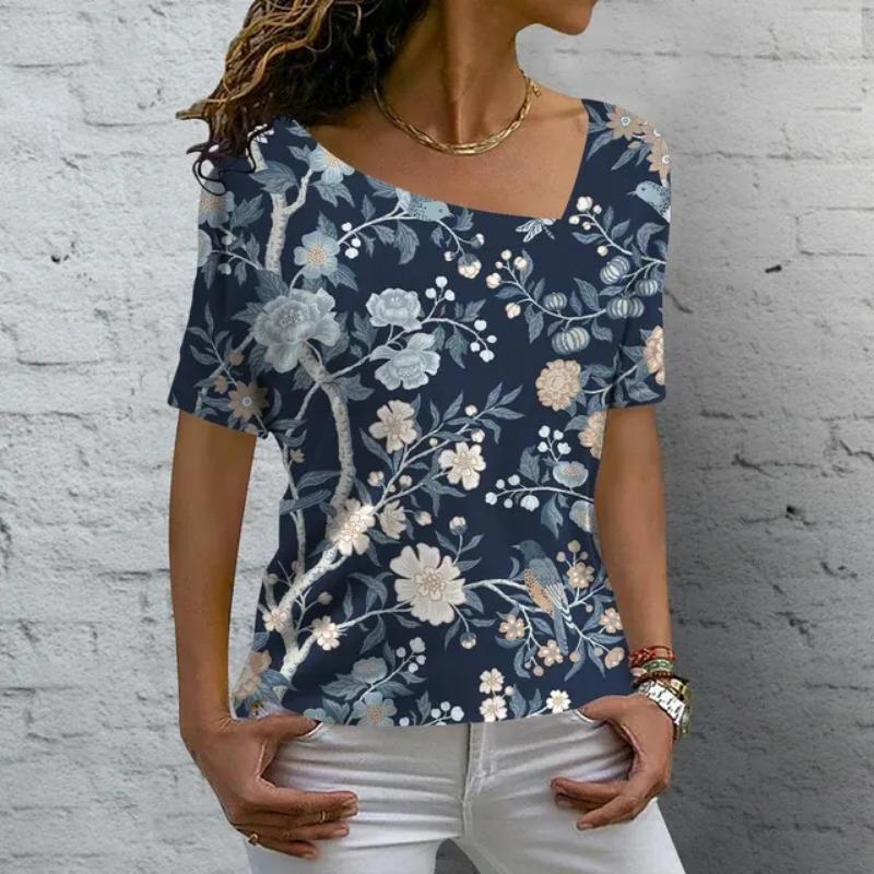 Новая модная футболка с V-образным вырезом, летний цветочный принт, короткий рукав, женская повседневная базовая футболка, женские винтажные элегантные топы