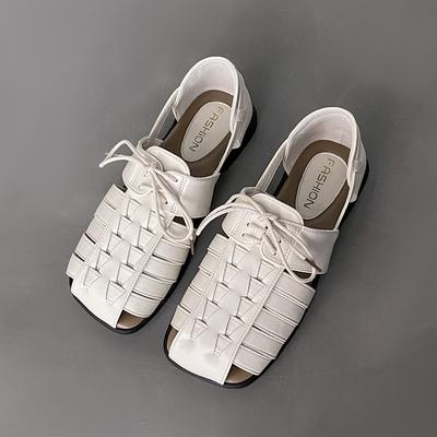 Модные балетки Летние новые туфли с квадратным носком и открытым носком, с ажурной шнуровкой спереди, на мягкой подошве, противоскользящие, износостойкие, низкие