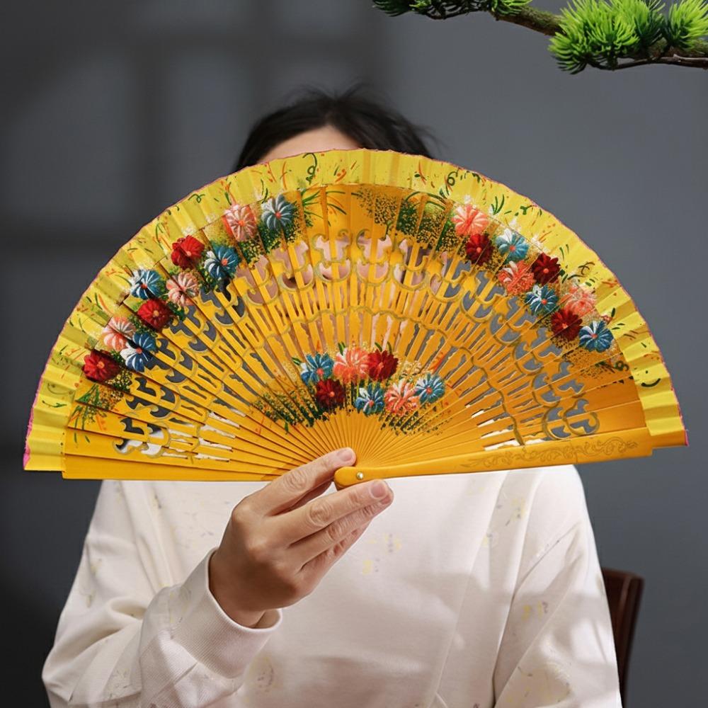 Colorful Hand Painted Fan Wooden Chinese Vintage Fan Portable Spanish Wood Fan Home Decor