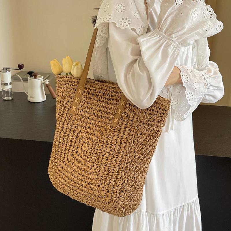 Simple and Large-capacity Straw Woven Bag Fashion Summer Beach Women's Shoulder Bag Trendy Zipper Handbags for Girls
