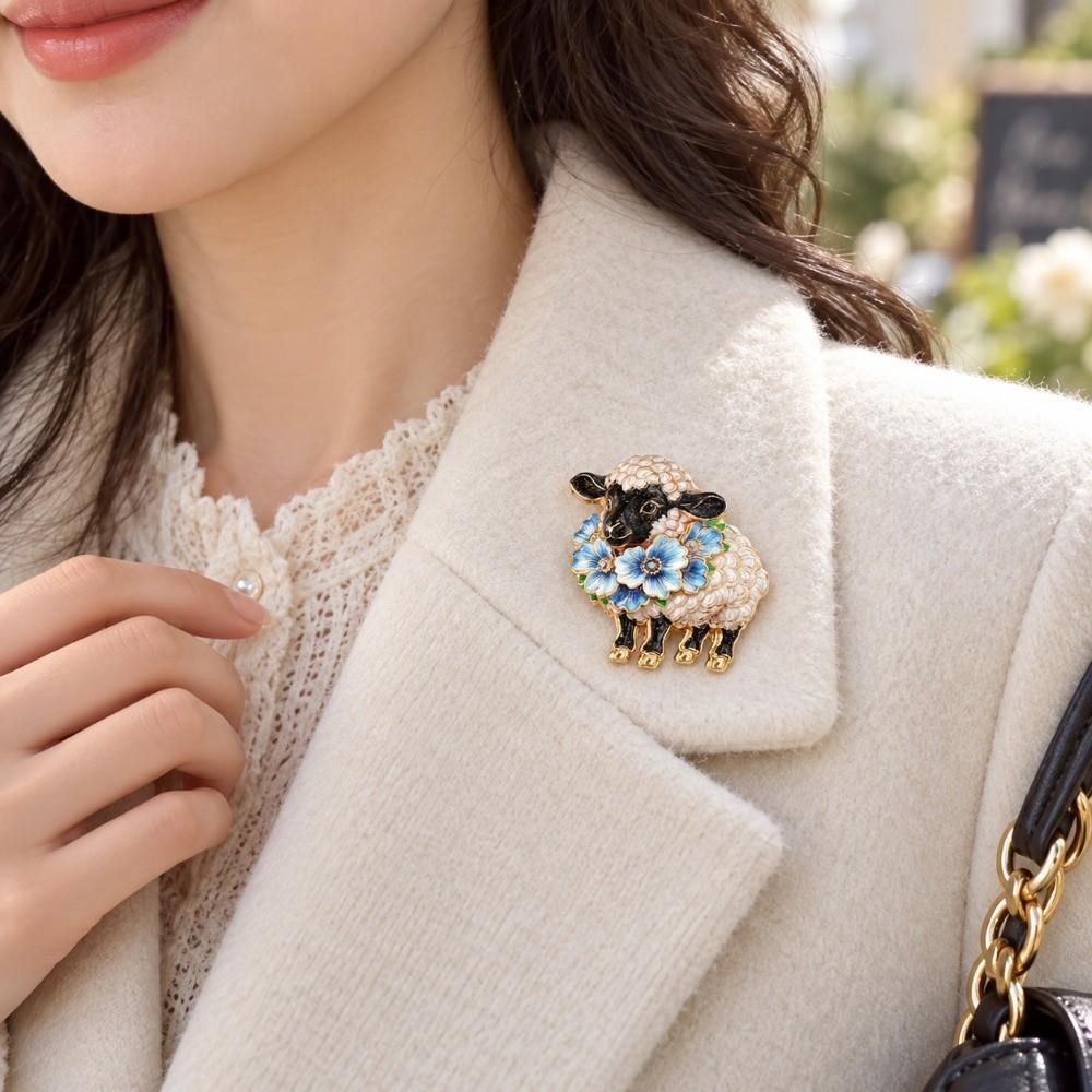 Enamel Painted Sheep Brooch Colorful Flower Flower Sheep Lapel Pin Outfit Styling
