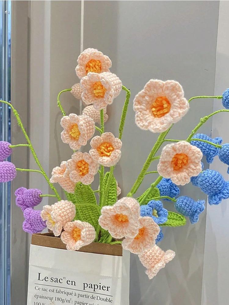 3PCS Artificial Crochet Flowers Handmade Knitting 5Heads Lily of The Valley Woven Flowers with Stems for Valentine's Gifts Home Wedding Party Office