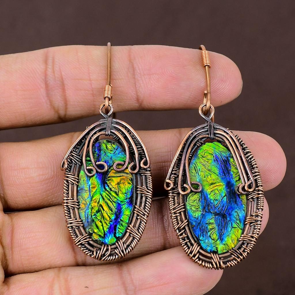 Natural Abalone Shell Gemstone Handmade Copper Wire Wrap Earring 2.64 k0U75