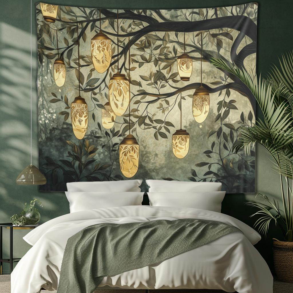 Retro Forest Lantern Forest Tapestry Warm Light Tree Branch Background Cloth Art Healing Room Decoration