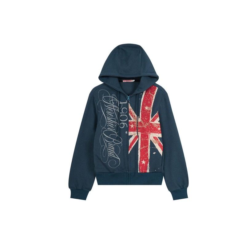Vintage American Style Distressed Union Jack Print Hooded Zip-Up Sweatshirt Loose Fit Drop Shoulder Oversized Pullover Men