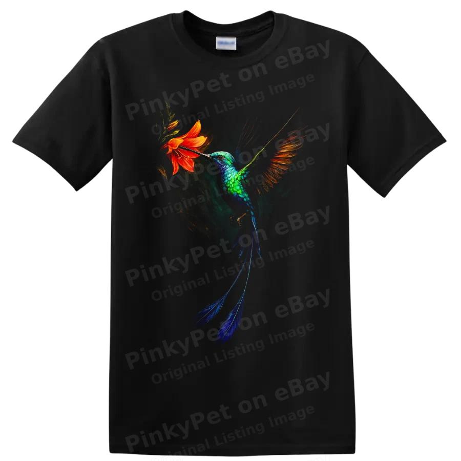 Hummingbird T Shirt Vibrant Tropical Bird w/ Orange Flower Wildlife Art Tee Gift