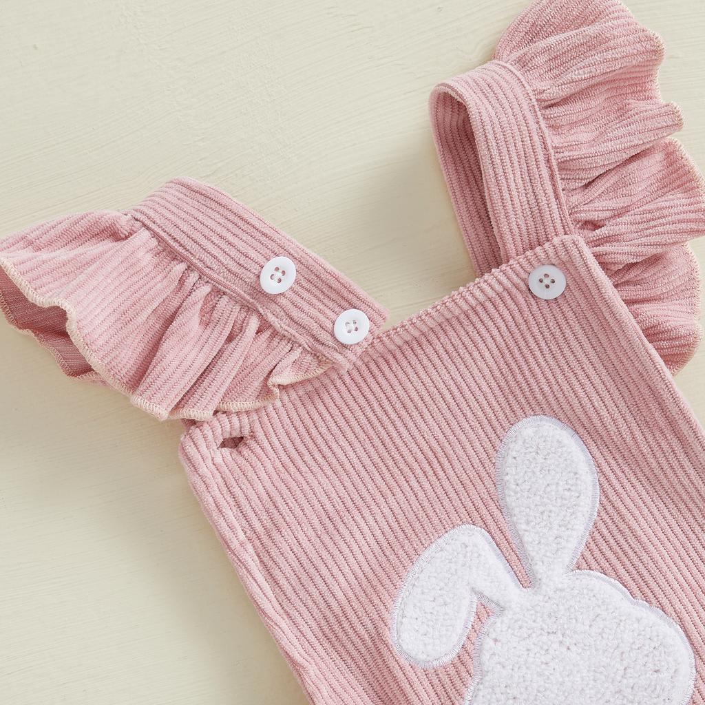 Baby Girl Easter Casual Romper Flying Sleeve Bunny Embroidery Romper with Headband