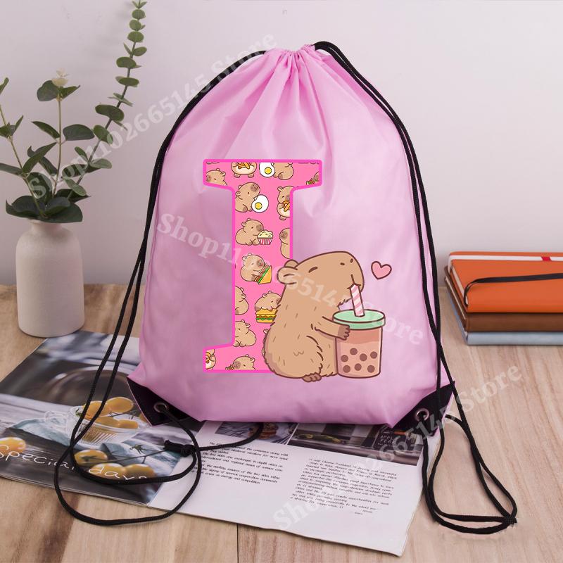 Capibara Girls Drawstring Backpack Cute Capybara Letter A-Z Storage Bag Kids Outdoor Sport Travel Rucksack Children Gifts