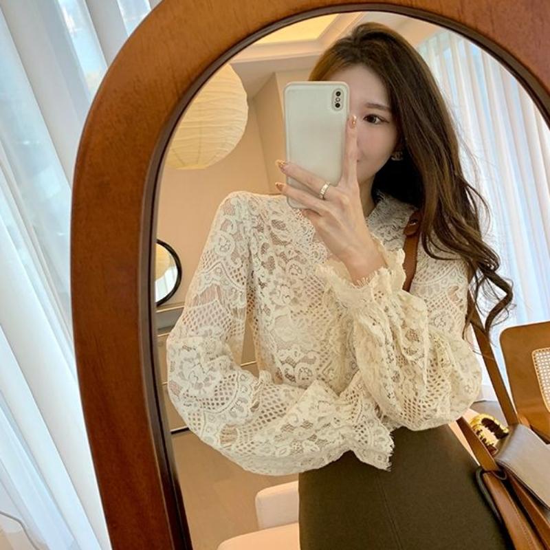 Французский кружевной топ, женская короткая тонкая кружевная рубашка с v-образным вырезом
