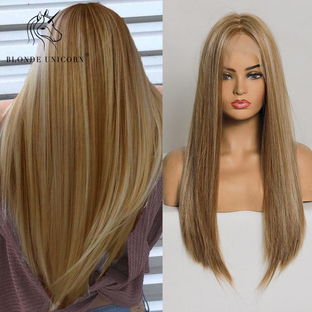 BLONDE UNICORN Long Ombre Blonde Straight Lace Part Synthetic Wigs for Women Daliy Hair Natural High Density Heat Resistant