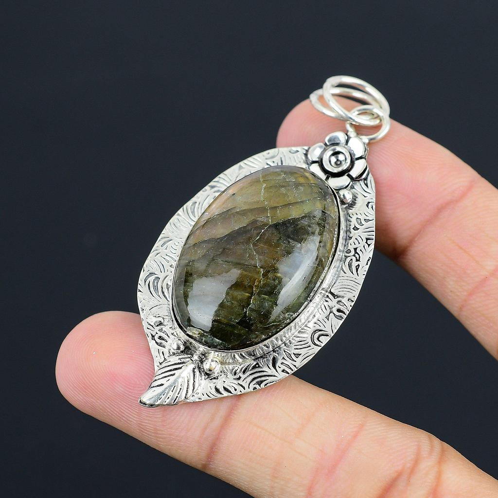 Natural Labradorite Gemstone Pendant Flower 925 Sterling Silver Indian Jewelry